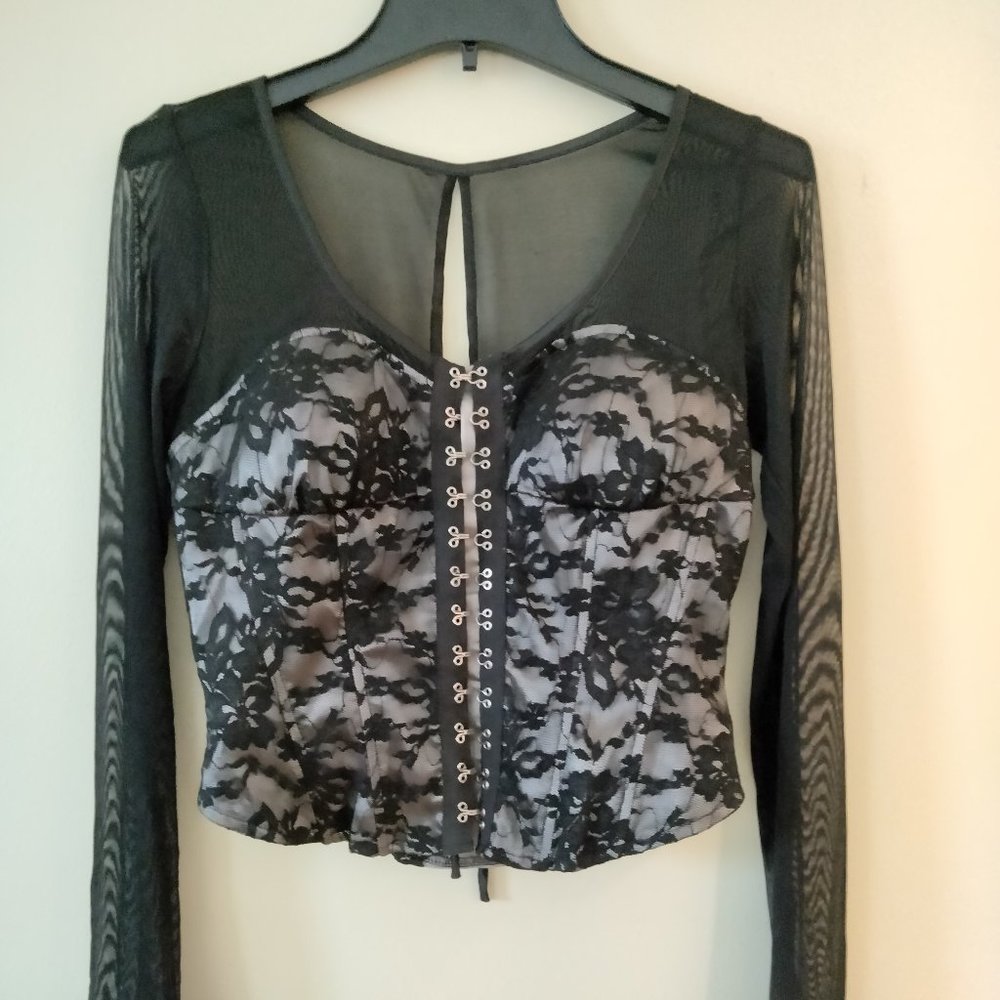 Aggie Black Lace Hook and  Eye Corset Bustier top with mesh sleeves